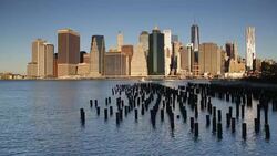 Skyscrapers of Manhattan from the Brooklyn Heights neighborhood, East river, New York, United States of America Stock Footage