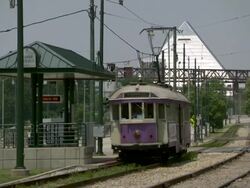 WS Tram train moving toward / Memphis, Tennessee, United States Stock Footage