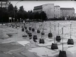B/W 1961 barbed wire attached to posts / beginning of Berlin Wall / Cold War / documentary Stock Footage