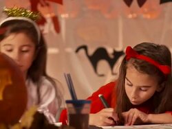 HD DOLLY: Children Participating Halloween Workshop Class Stock Footage