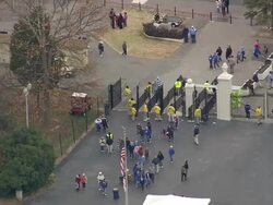 MS AERIAL Shot of Entry gate on Wallace Wade Stadium / North Carolina, United States Stock Footage