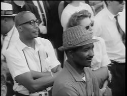 B/W August 28, 1963 high angle Black + White people watching Marian Anderson sing at March on Washington Stock Footage