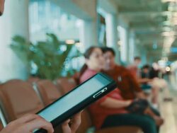 Man working with tablet at city airport Stock Footage