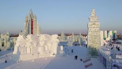 Spectacular illuminated ice sculptures at the Harbin Ice and Snow Festival in Heilongjiang Province, Harbin,  China Stock Footage
