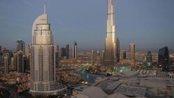 United Arab Emirates, Dubai, the Burj Khalifa, elevated view looking over the Dubai Mall Stock Footage