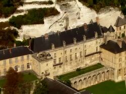 AERIAL Chateau de la Roche-Guyon/ Roche-Guyon, France Stock Footage