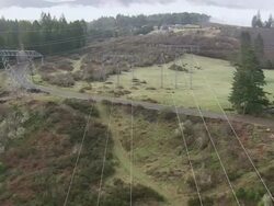 WS AERIAL View of pylons east of Albany with fog / Oregon, United States Stock Footage