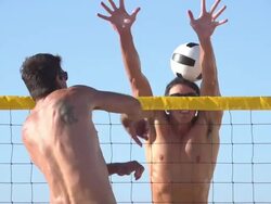 Men playing beach volleyball. - Slow Motion - filmed at 240 fps Stock Footage