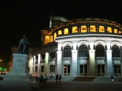 Yerevan, night scene of the Armenian National Academic Theatre of Opera and Ballet after Alexander Spendiarian, and the statue of Hovhannes Tumanyan Stock Footage
