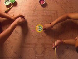 MS PAN Two monks filling in pedal design on mandala with pink sand  / Kathmandu, Central, Nepal Stock Footage