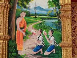 MS Shot of wall painting in Buddhist temple / Vientiane, Laos Stock Footage