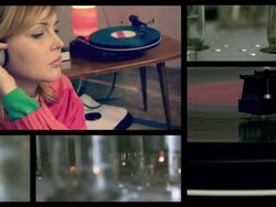 Girl and black vinyl records.Split screen. Stock Footage