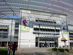 Mid shot, external view of the BayArena entrance. Stock Footage
