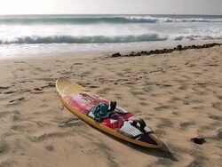 MS View of Surfing boat at beach near Santa Maria / Santa Maria, Sal, Cape Verde Stock Footage