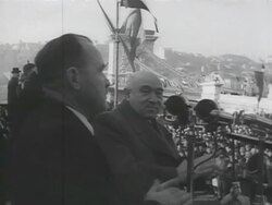WS Crowd on bridge tribune with leaders Matyas Rakosi Communist Ruler AUDIO / Budapest, Hungary Stock Footage