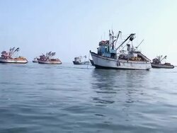 WS POV side View of fisherman's and goods transport boat in sea / Paracas, Nazca, Peru Stock Footage