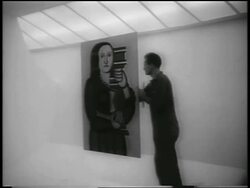 B/W 1959 workman adjusting painting in Guggenheim Museum / NYC / newsreel Stock Footage