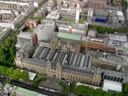 Overhead shot Natural History Museum / Aerial wide shot pan Imperial College, Albert Hall and Albertopolis / London, England Stock Footage