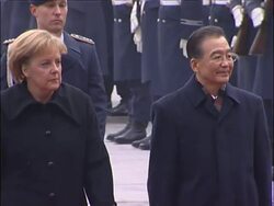 AP pix of Merkel meeting Chinese PM, joint presser News Clip