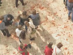 MS Broken clay jugs laying at town square esplanade on easter celebration AUDIO / Kerkyra, Corfu, Greece Stock Footage