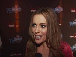 INTERVIEW: Alyssa Milano talking about her NFL clothing line, how her and her husband are both Jets fans. Stock Footage