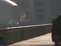 Jogger runs towards camera on a path in manhattan beside the east river as a bicyclist enters frame with gulls in the background at mid day Stock Footage