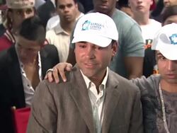 Oscar De la Hoya, Paul Malignaggi, participant, Danny Garcia, and Danny Jacobs at the Oscar de la Hoya Leads Boxing Clinic for Teenage Boxers of USA Boxing Metro Stock Footage