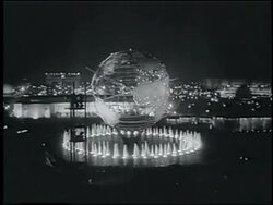 B/W 1964 cable car point of view of Unisphere at night / NY World's Fair Stock Footage