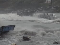 Hurricane Storm Surge Waves Crash Into Harbor Stock Footage