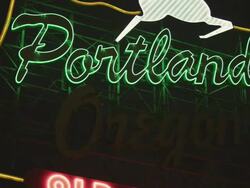 CU Shot of Portland Oregon sign at night / Portland, Oregon, United States  Stock Footage