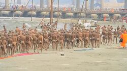 Kumbh Mela Hindu Festival, 2013, occurs every 12 years. Religious pilgrims taking holy bath in the Ganges River, Allahabad. Stock Footage