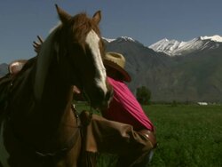 Slow handheld shot of a cowboy getting on his horse Stock Footage
