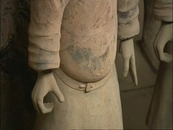 CU detail of Terracotta Warrior, hands and belt line, Museum of Qin, Xian, China Stock Footage