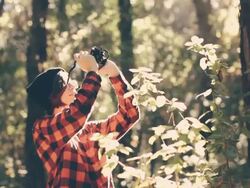 Hipster girl taking photo in the forest Stock Footage