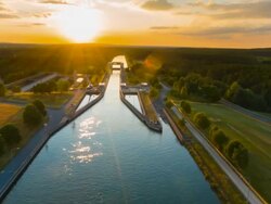 Aerial flight over ship lock on the Main Danube canal Stock Footage