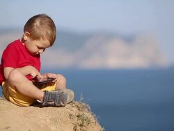 funny boy with tablet computer Stock Footage