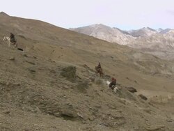 MS TU Nomadic old woman travelling on horseback / Himalayas, Upper Dolpo, Nepal  Stock Footage