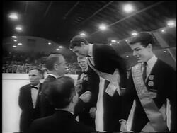 B/W 1965 Alain Calmat being crowned winner at World Figure Skating Championships / newsreel Stock Footage