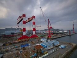 T/L cranes moving in the Oshima shipyard, Oshima, Japan Stock Footage