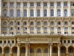 MS ZO View of romanian parliament building / Bucharest, Romania Stock Footage
