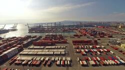 Aerial California Ocean Shipping Yard Stock Footage