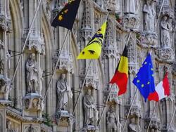 MS Details of Town Hall at Grote Market / Leuven, Brabant, Belgium Stock Footage