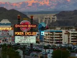 T/L, MS, Colorado Belle casino neon, Davis Dam hydro electric power generator in background, Laughlin, Nevada, USA Stock Footage