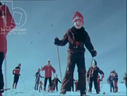 Choosing skis in a ski shop, families skiing, Norway 1970s Stock Footage
