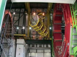 Construction of the Compact Muon Solenoid (CMS), one of the particle detectors at the Large Hadron Collider (LHC) at CERN, the European particle physics research facility Stock Footage
