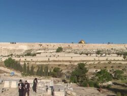 WS Three men walking up on gravel path  / Jerualem, Israel Stock Footage