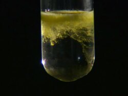 Lead (II) iodide precipitate, formed as potassium iodide is dripped into lead (II) nitrate solution Stock Footage