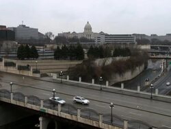 A long shot of the Minnesota state capitol building, showing roadways in St. Paul Minnesota Stock Footage