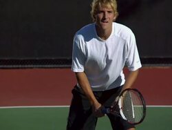MS, TU, TD, Young man on tennis court, Santa Barbara, California, USA Stock Footage