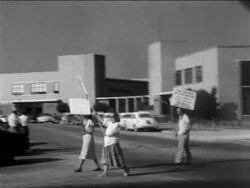B/W 1950s PAN pro-segregation demonstrators carrying signs across parking lot / newsreel Stock Footage